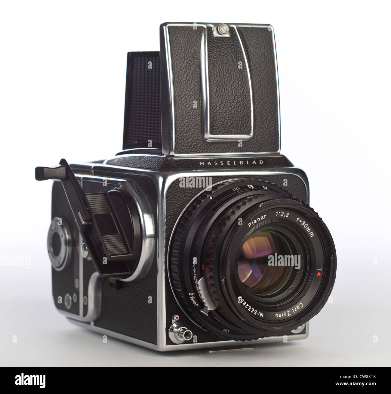 Hasselblad 500 C/M Camera with Carl Zeiss PLANAR T 80mm Standard Lens on White Background Stock