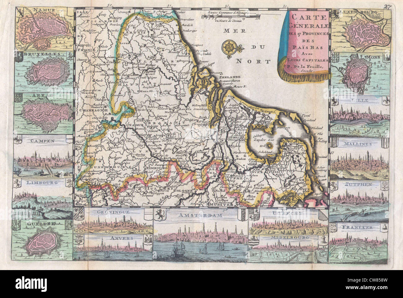 1710 De La Feuille Map of the Netherlands, Belgium and Luxembourg Stock Photo