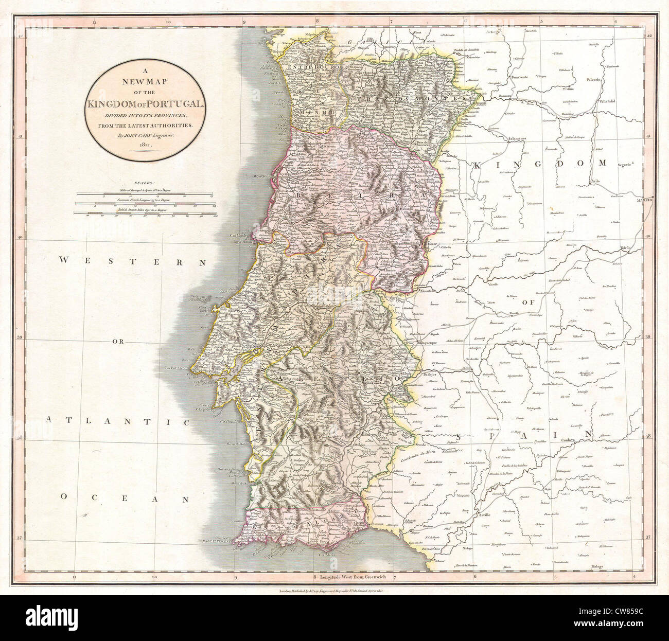 1811 Cary Map of the Kingdom of Portugal Stock Photo