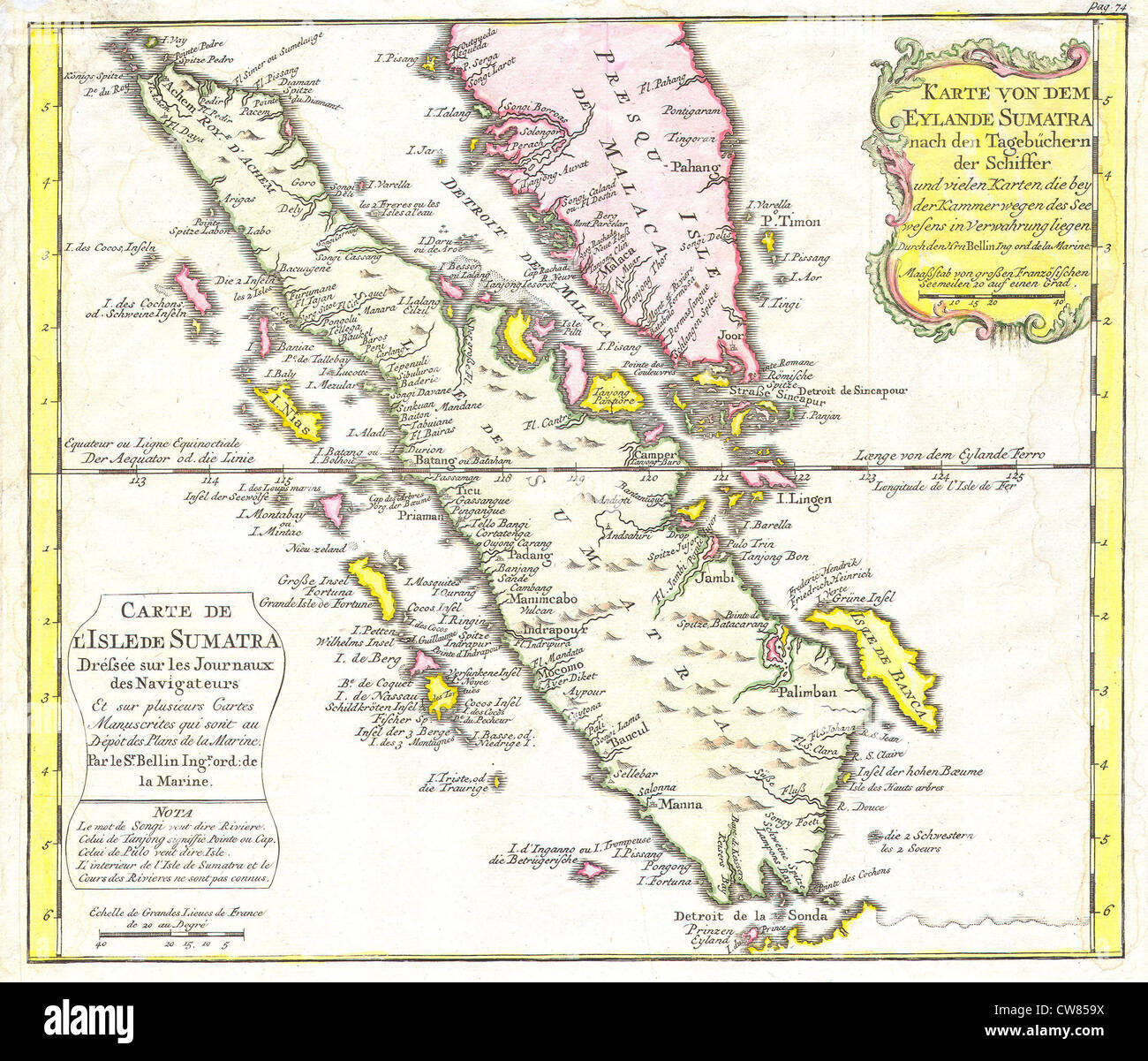 1852 Bellin Map of Sumatra, Malaca, and Singapore Stock Photo