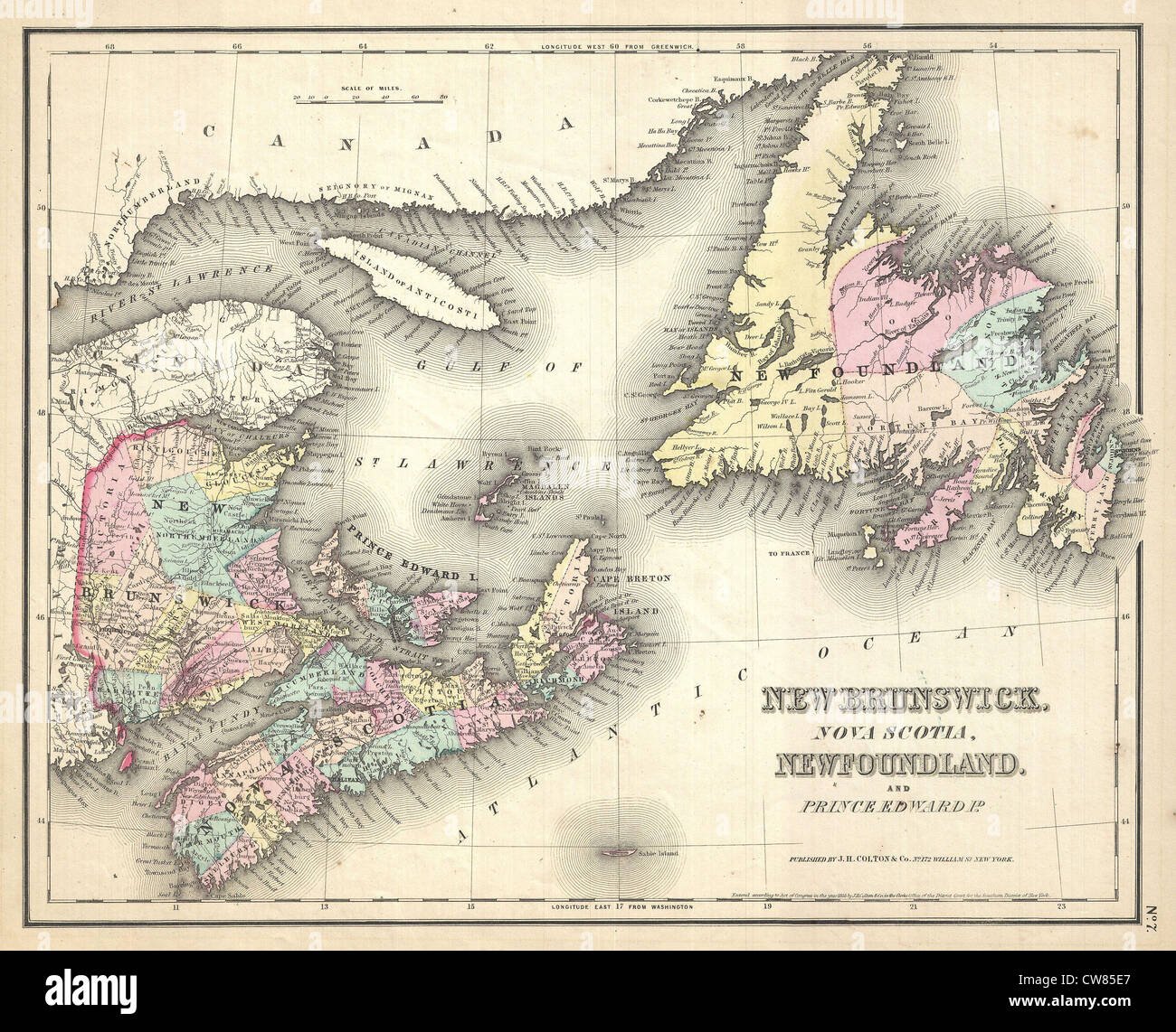 1857 Colton Map of New Brunswick and Newfoundland, Canada Stock Photo