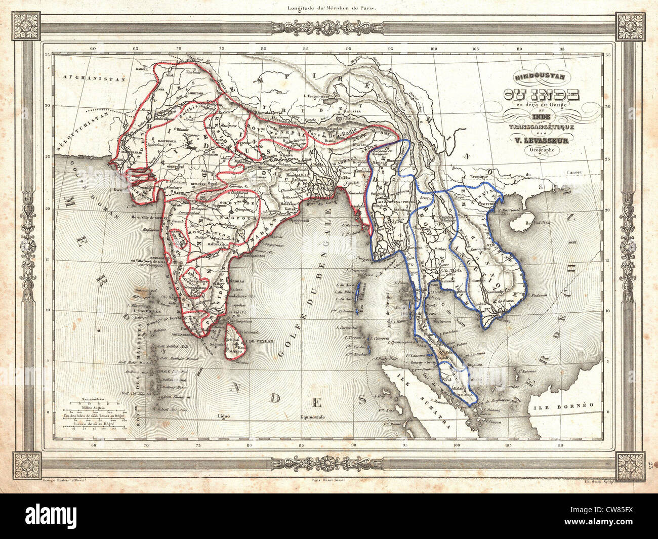 1852 Levasseur Map of India and Southeast Asia Stock Photo
