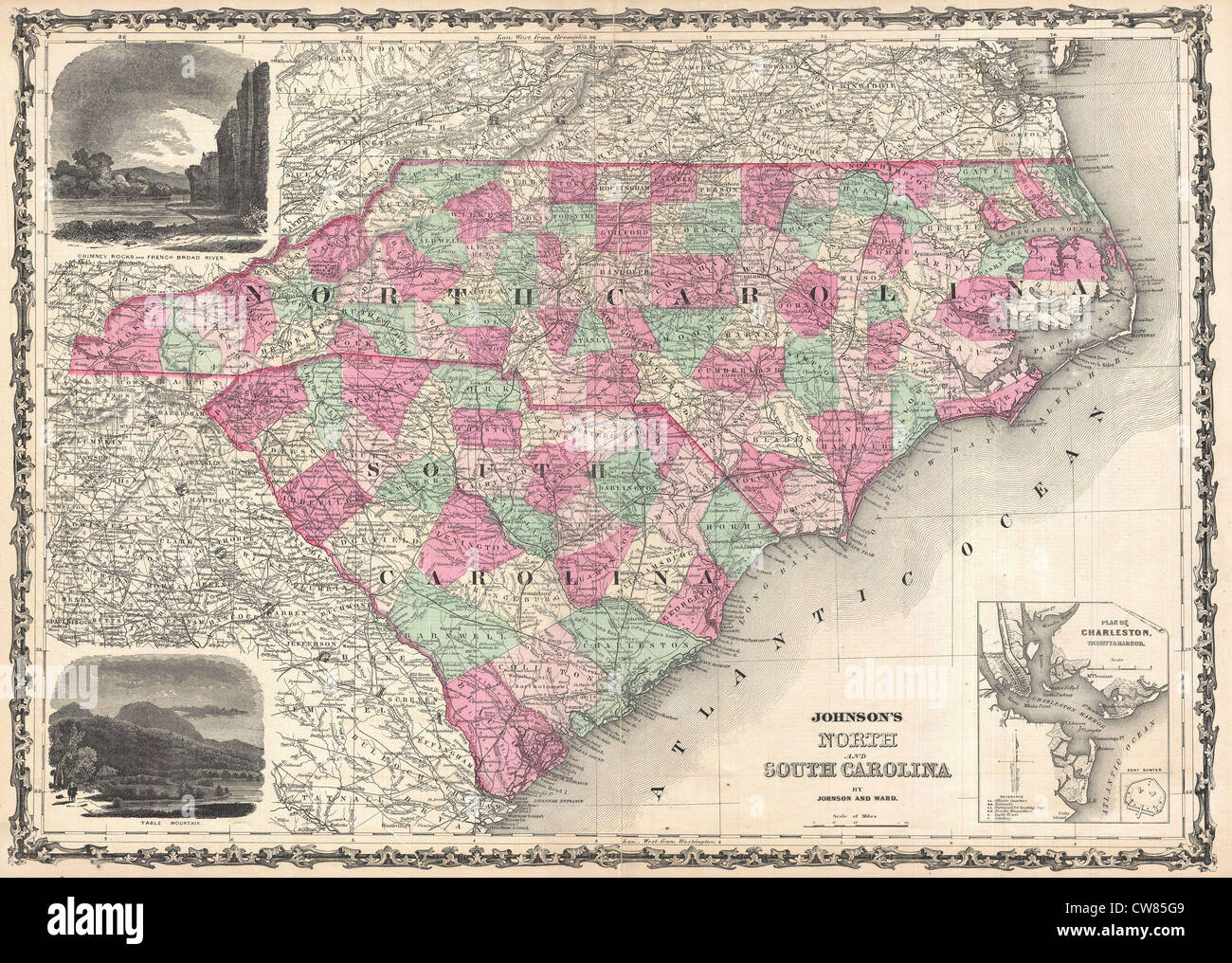 1864 Johnson Map of North Carolina and South Carolina Stock Photo