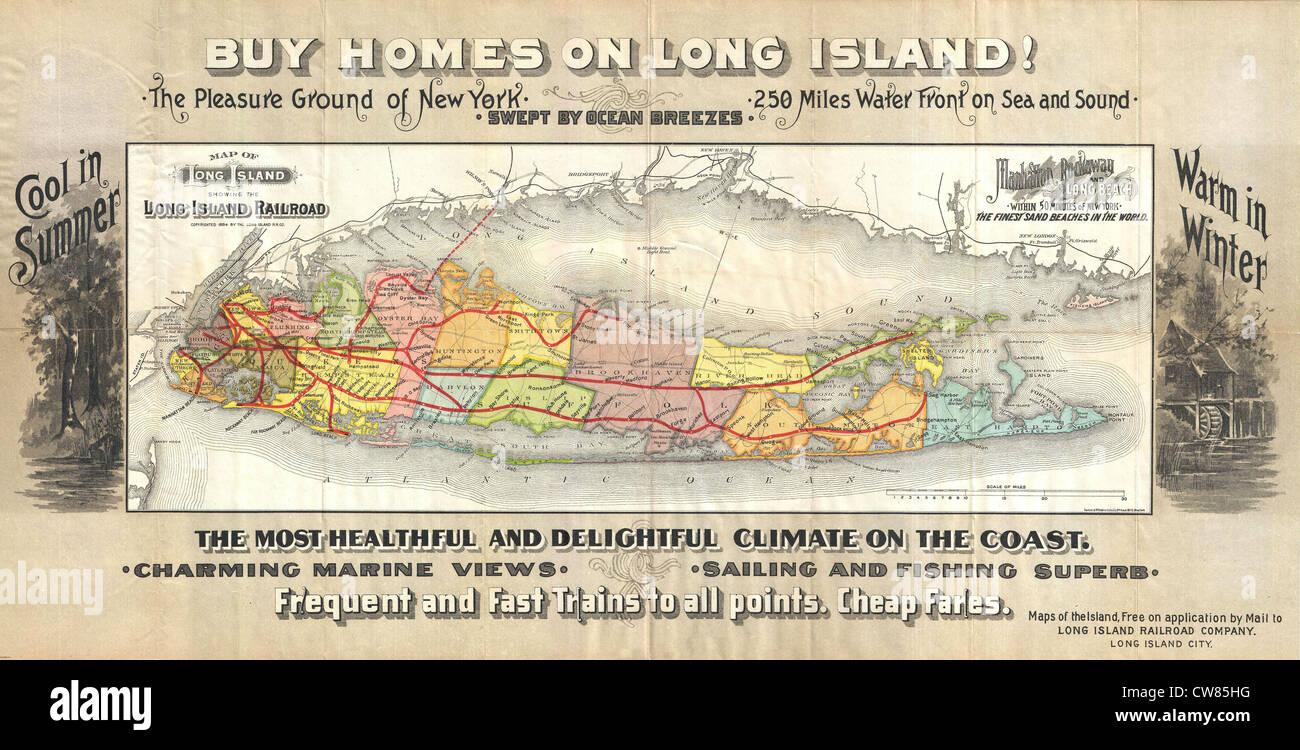 1891 Long Island Railroad Real Estate Map of Long Island Stock Photo