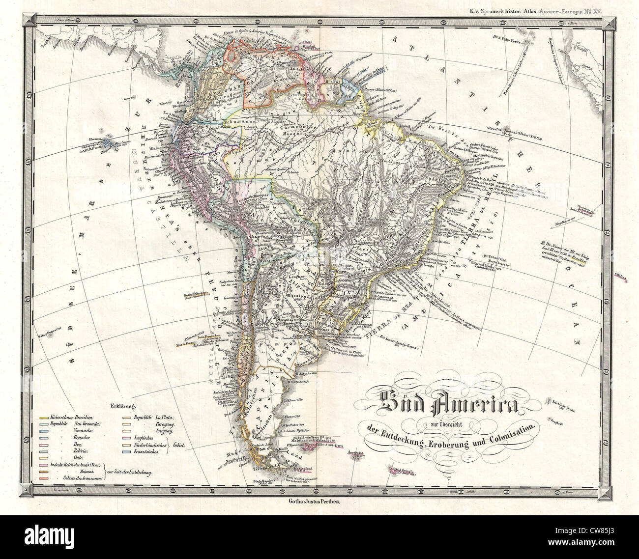 1855 Spruner Map of South America - Overview of Discovery, Conquest and Colonization Stock Photo