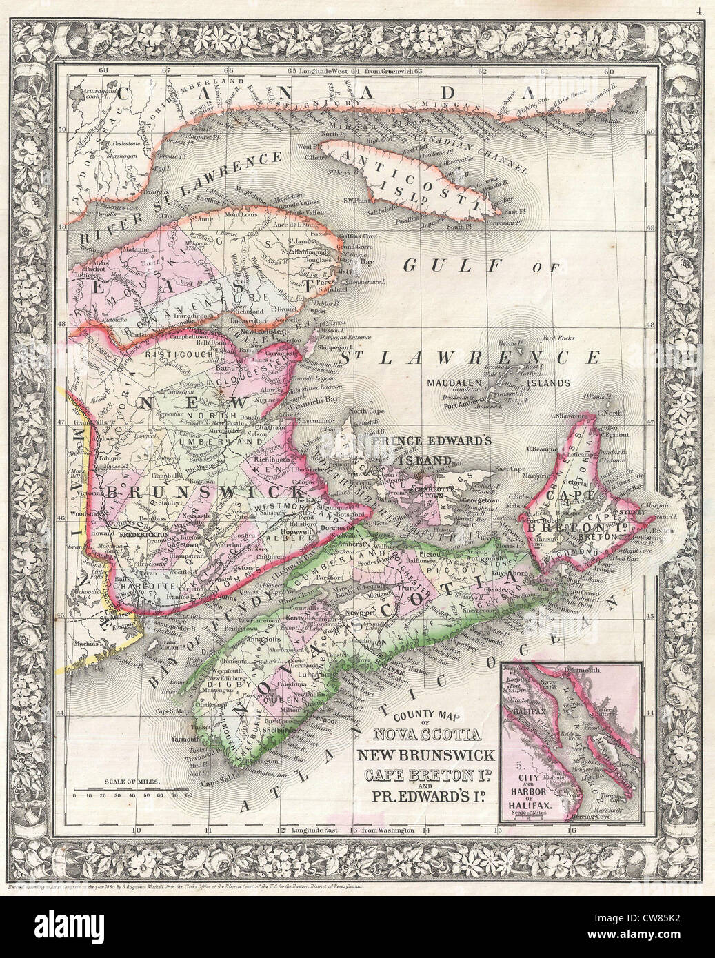 1866 Mitchell Map of New Brunswick and Nova Scotia, Canada Stock Photo