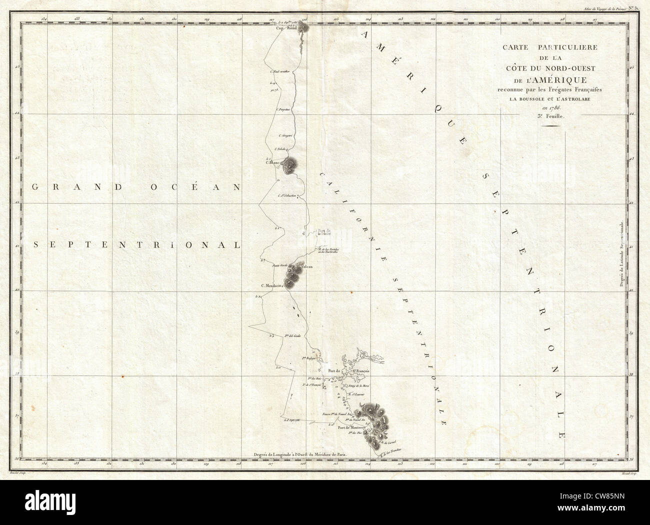 1786 La Perouse Map of San Francisco, Monterey Bay, California and Oregon Stock Photo