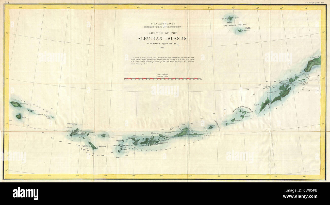 1873 U.S. Coast Survey Map of the Aleutian Islands, Alaska Stock Photo