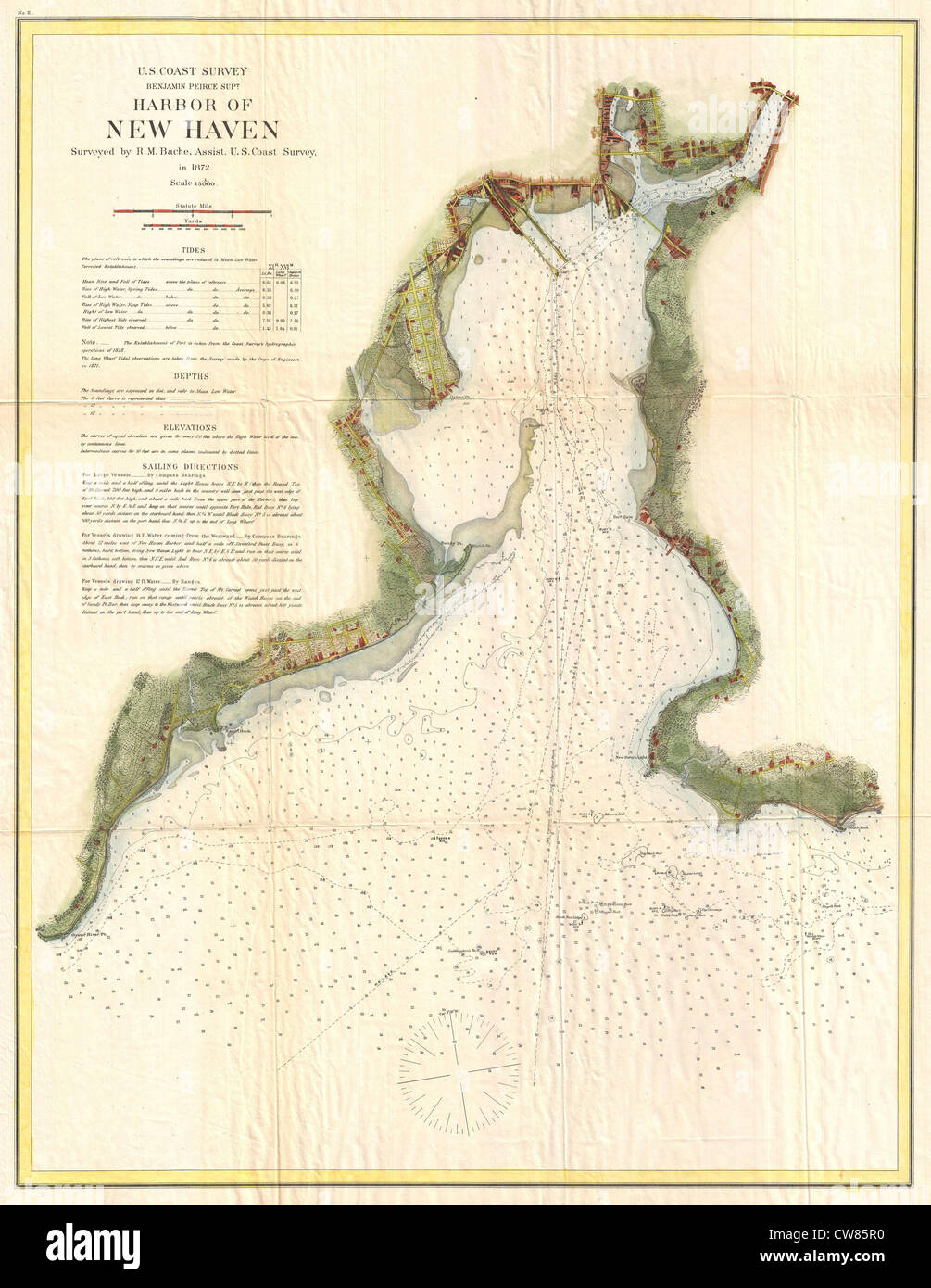 1872 U.S. Coast Survey Map of New Haven, Connecticut Stock Photo