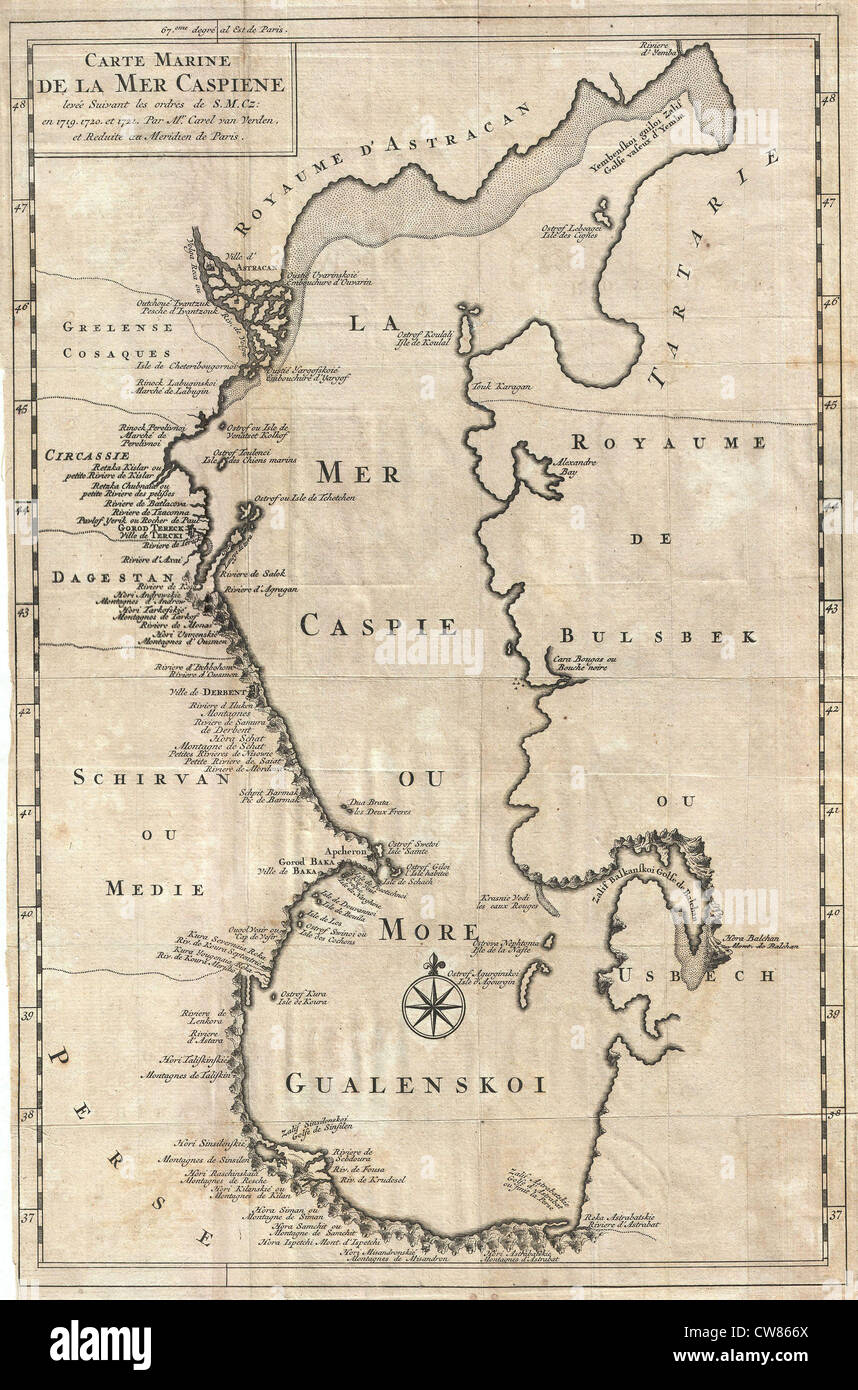 1730 Van Verden Map of the Caspian Sea Stock Photo
