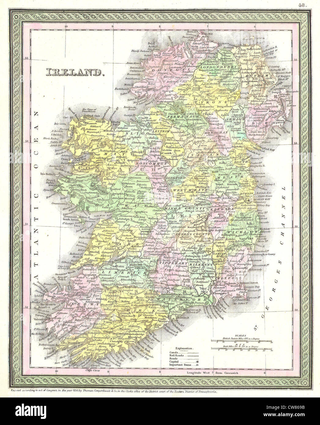 1850 Mitchell and Cowperthwait Map of Ireland Stock Photo