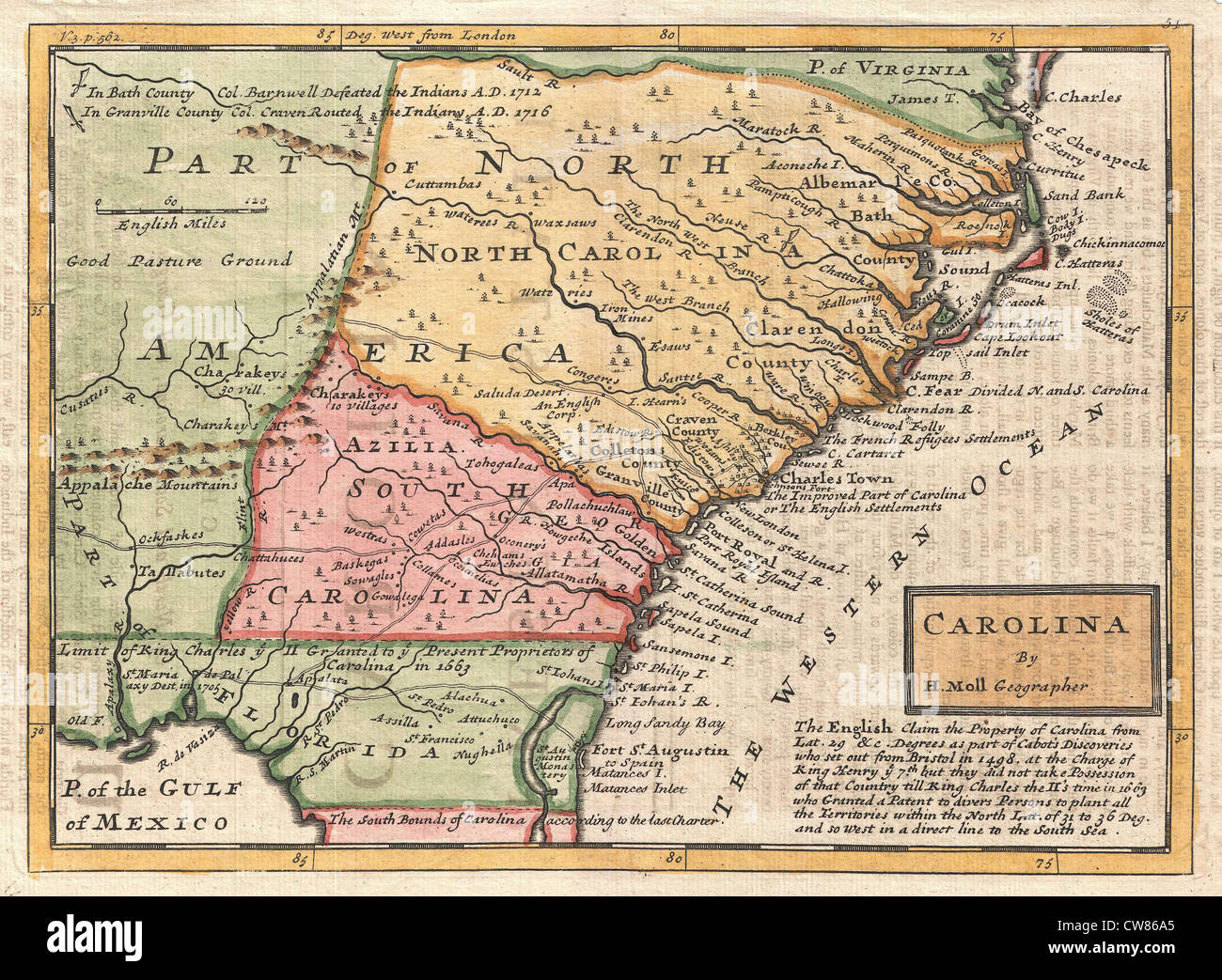 1746 Herman Moll Map of Carolina Stock Photo