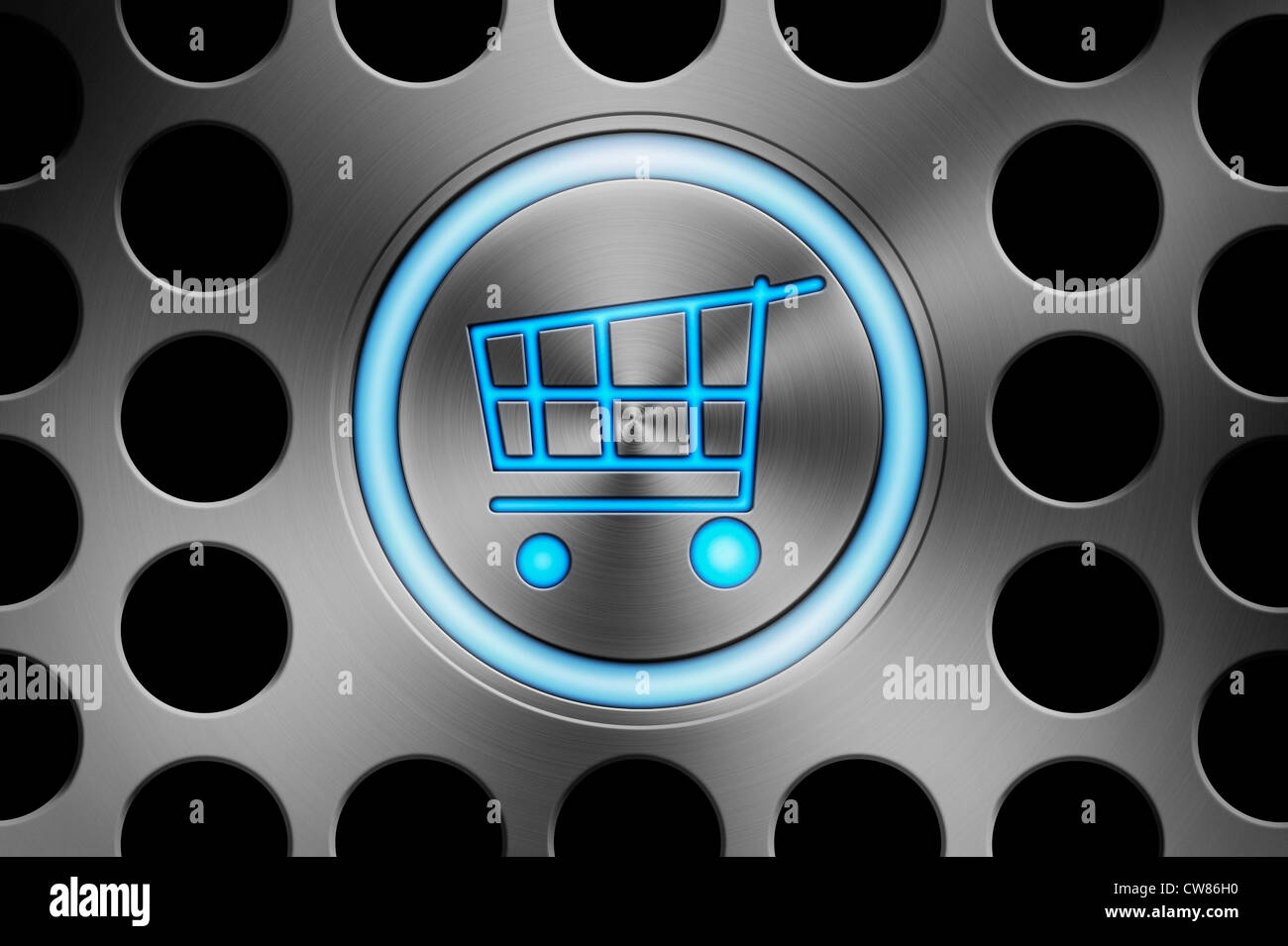 Detail of a computer power button key with a shopping cart symbol on it