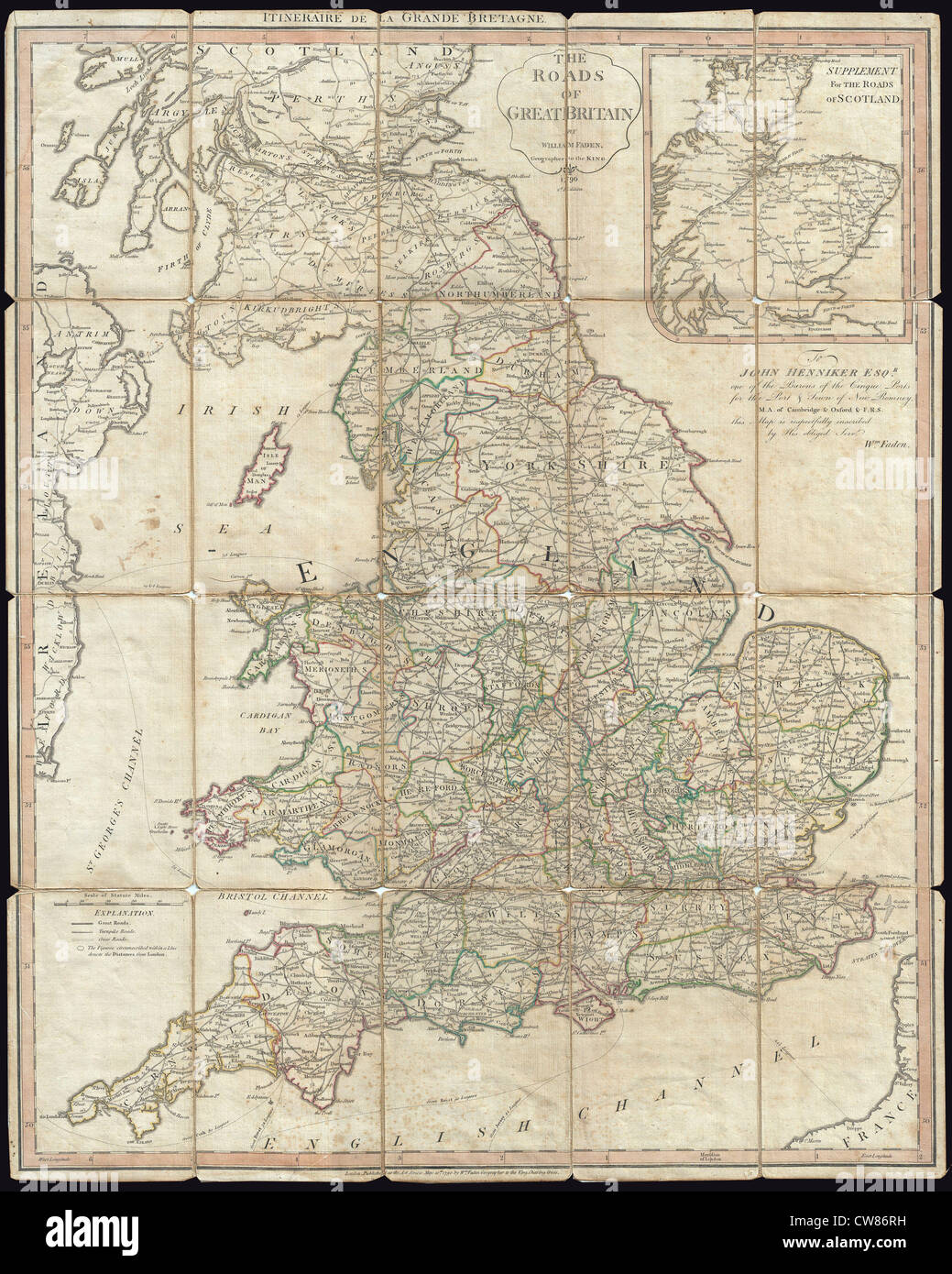 1790 Faden Map of the Roads of Great Britain or England - Stock Photo