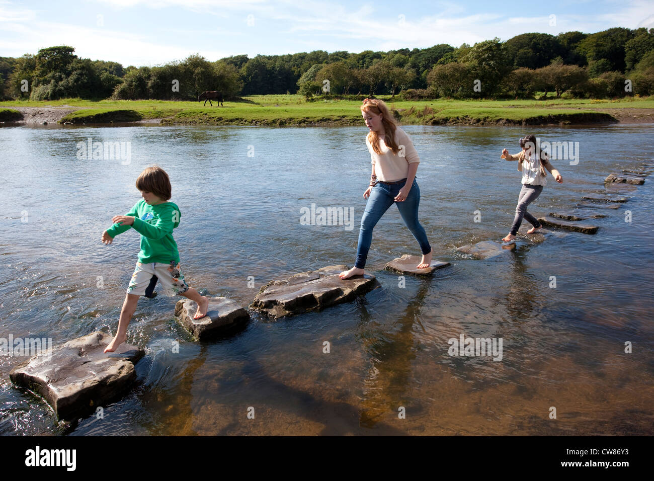 Ogmore Castle, stepping stones across the Ewenny Estuary, Ogmore-by-Sea, Vale of Glamorgan, Wales Stock Photo