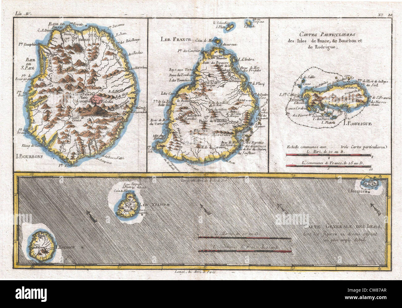 1780 Raynal and Bonne Map of Mascarene Islands, Reunion, Mauritius, Bourbon Stock Photo