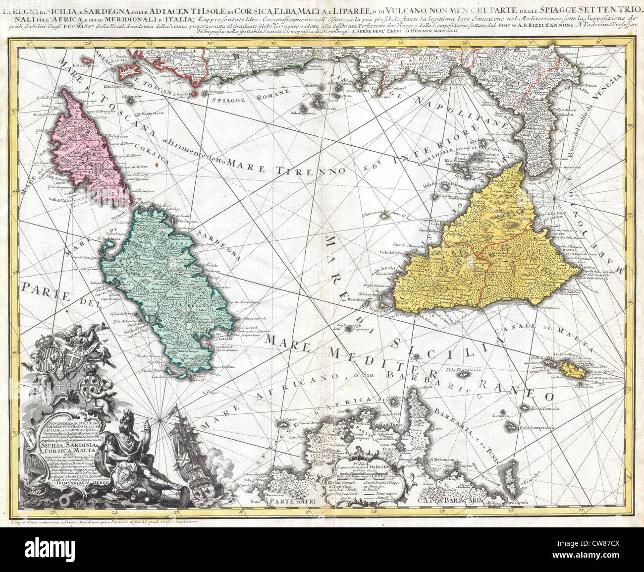 1762 Homann Heirs Map of Sicily, Sardenia, Corsica and Malta (ITALY) Stock Photo