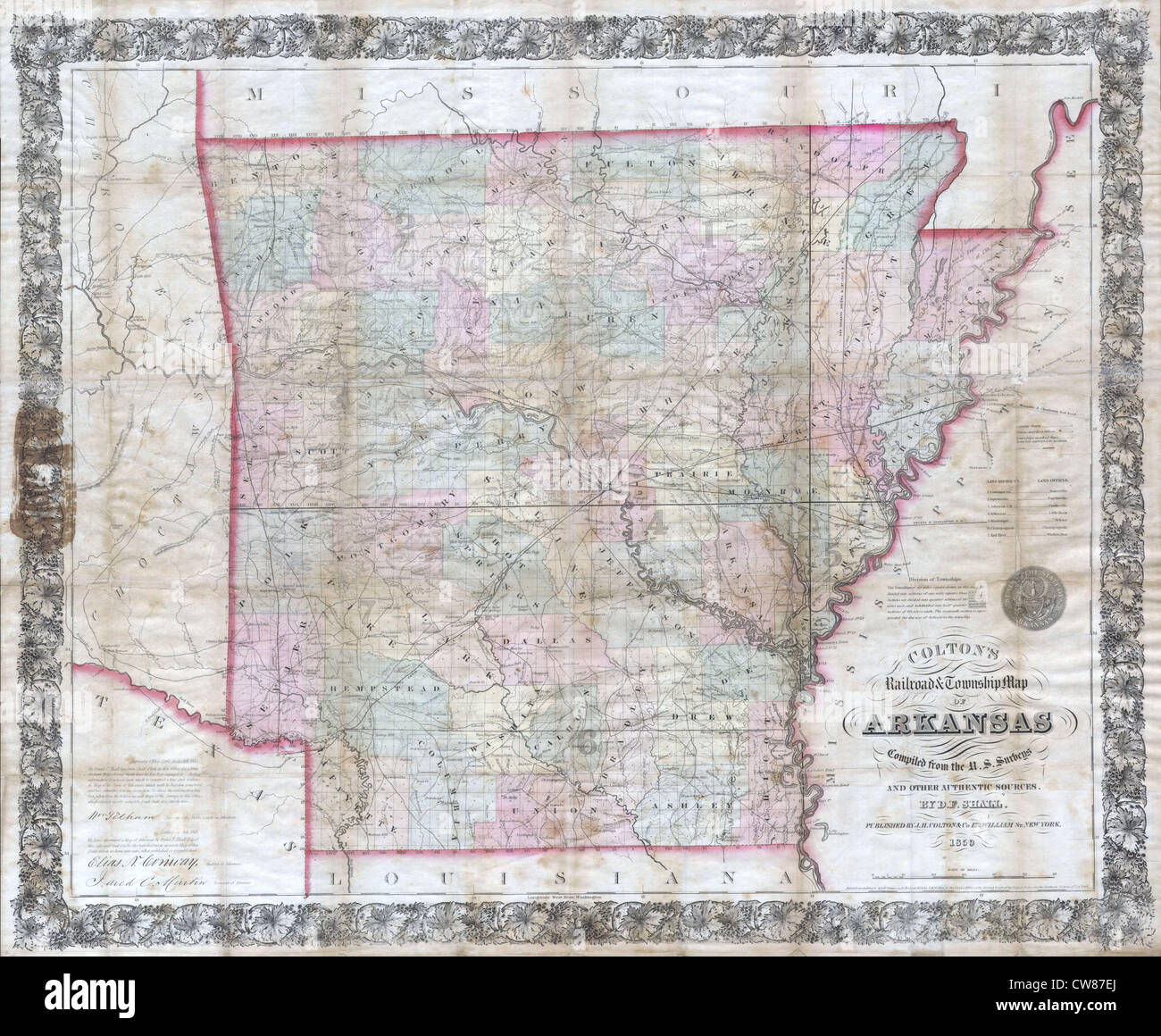 1859 Colton Pocket Map of Arkansas ( Railroads ) Stock Photo