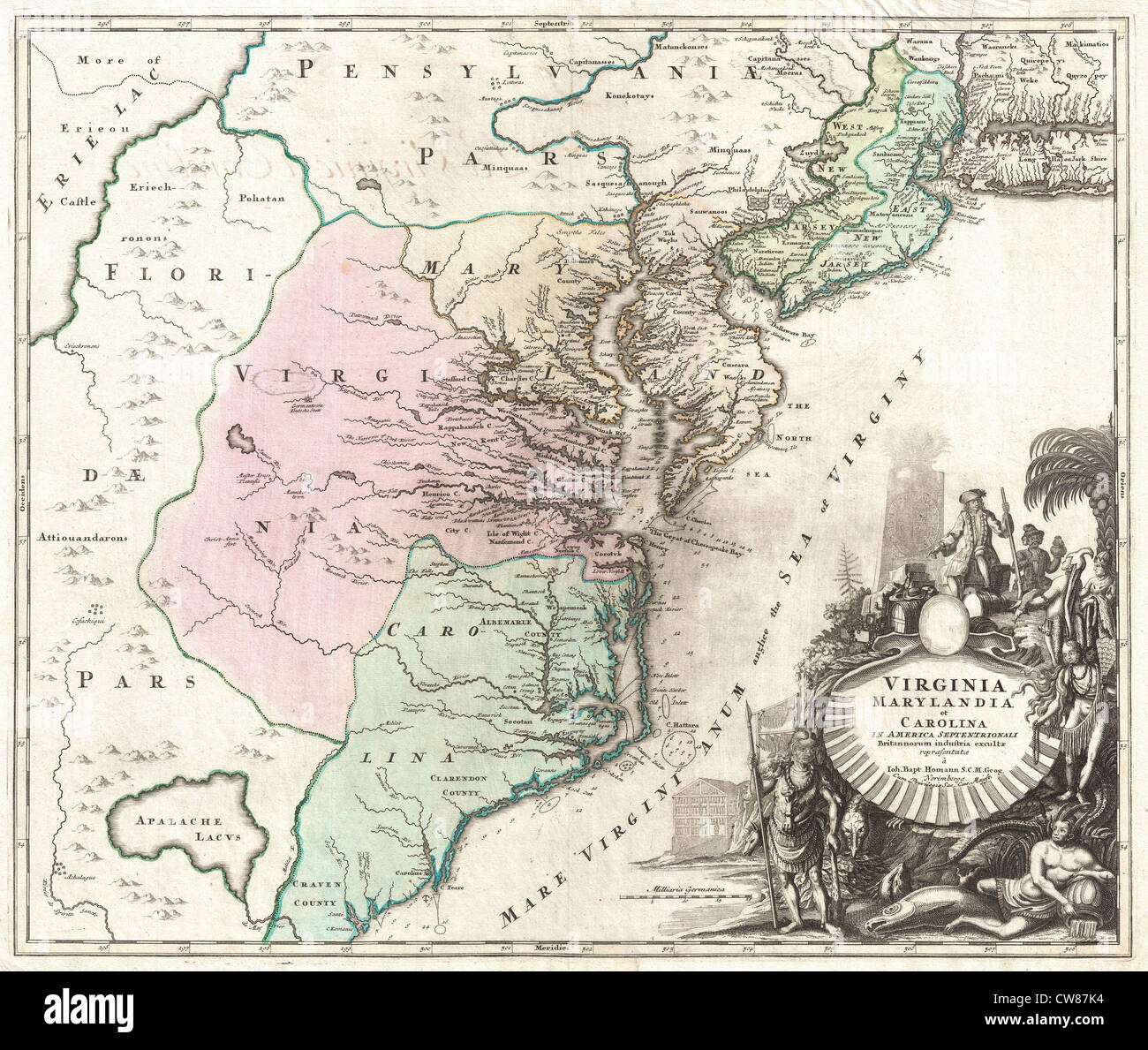 1715 Homann Map of Carolina, Virginia, Maryland and New Jersey Stock Photo