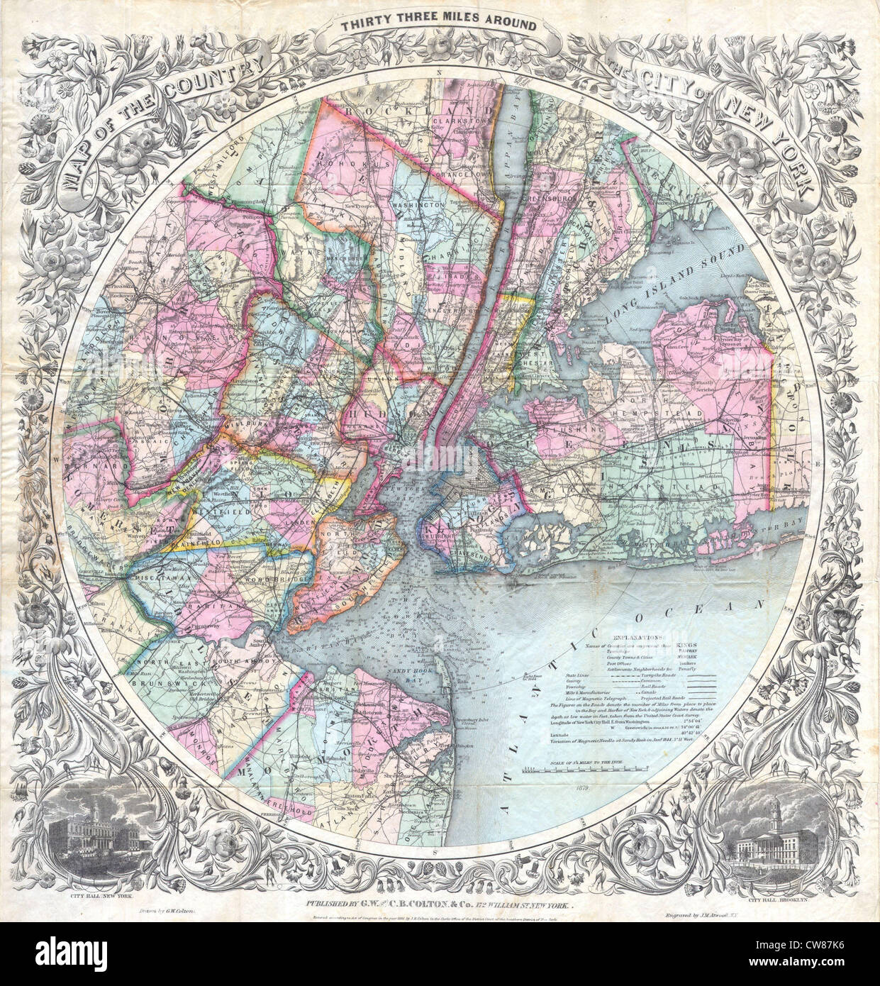 The 1846-1879 Colton Map of New York City and its surrounding 33-mile ...