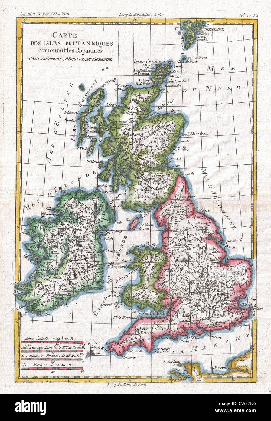 1780 Raynal and Bonne Map of British Isles Stock Photo