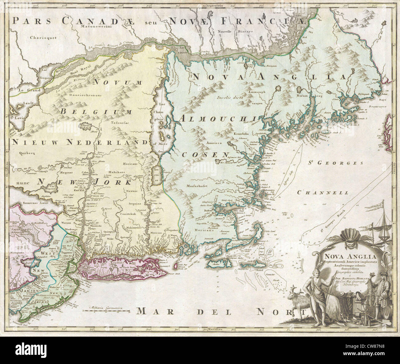 1716 Homann Map of New England "Nova Anglia" Stock Photo