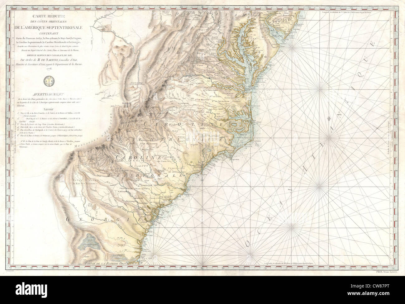 1778 Sartine Map of Georgia, North Carolina, South Carolina, Virginia and Maryland Stock Photo