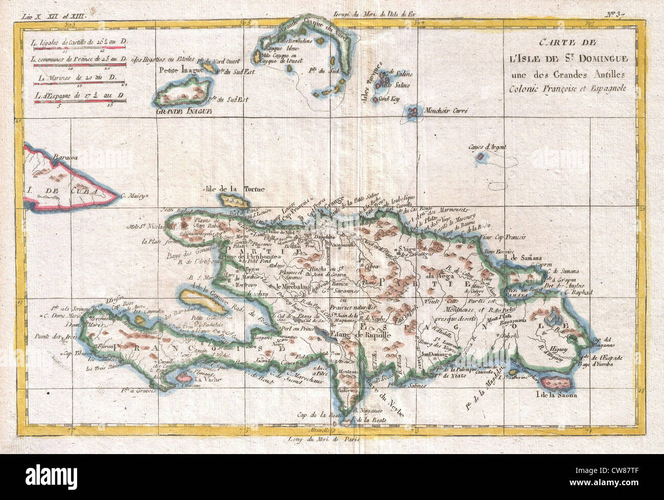 1780 Raynal and Bonne Map of Hispaniola, West Indies Stock Photo
