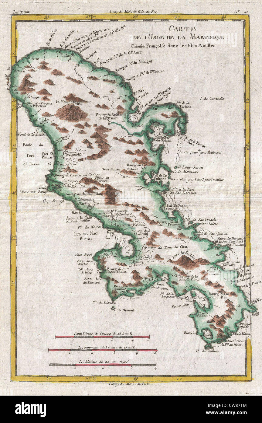 1780 Raynal and Bonne Map of Martinique, West Indies Stock Photo