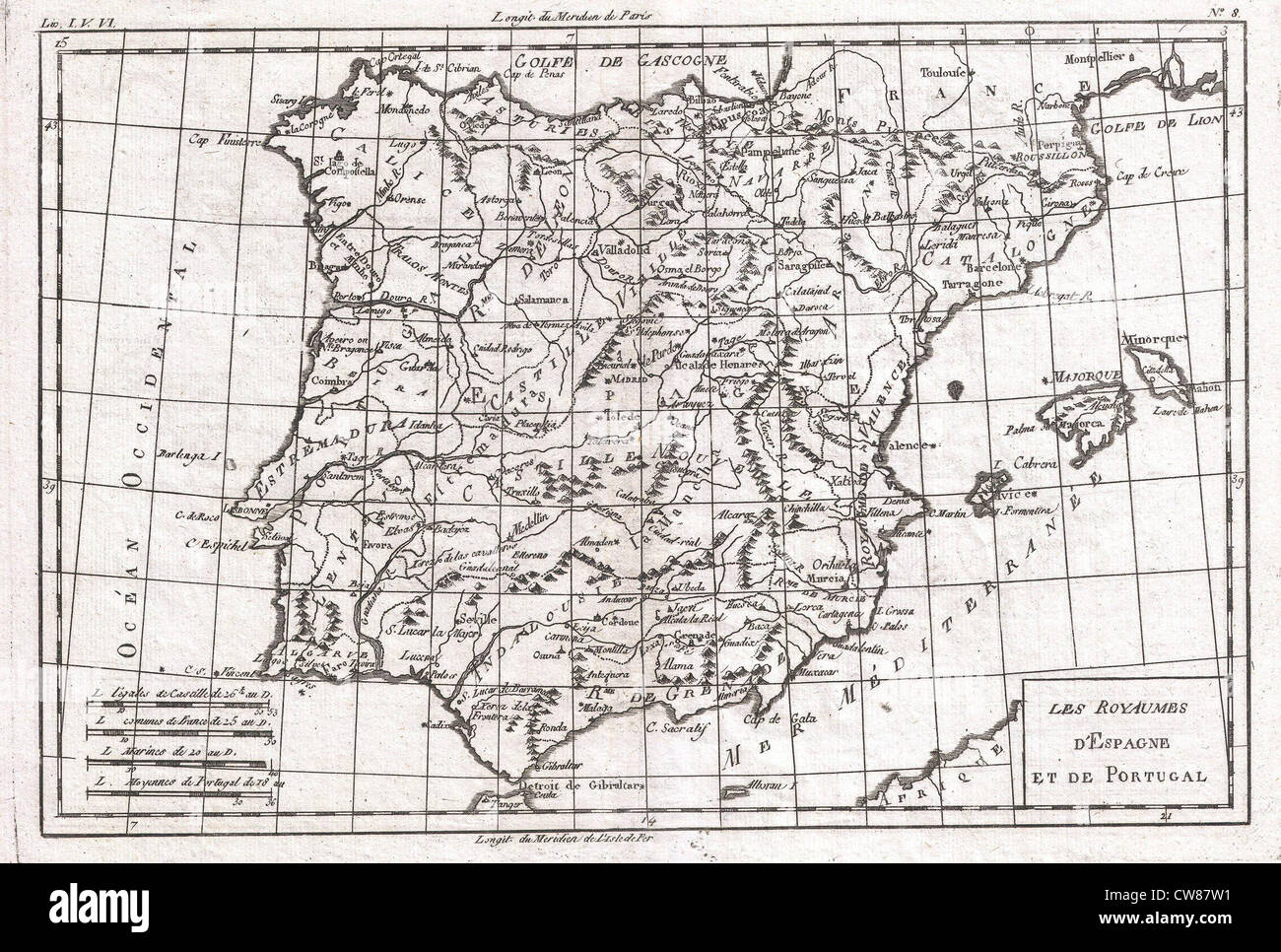 1780 Raynal and Bonne Map of Spain and Portugal Stock Photo