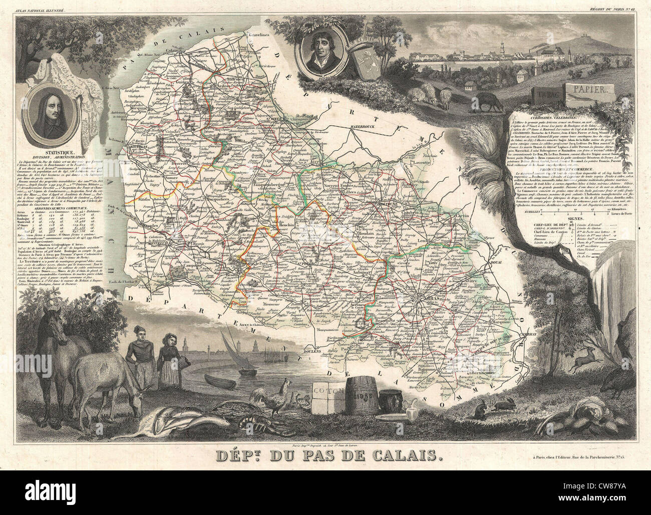 1852 Levasseur Map of the Department De Pas de Calais, France (Maroilles Cheese Region Stock Photo