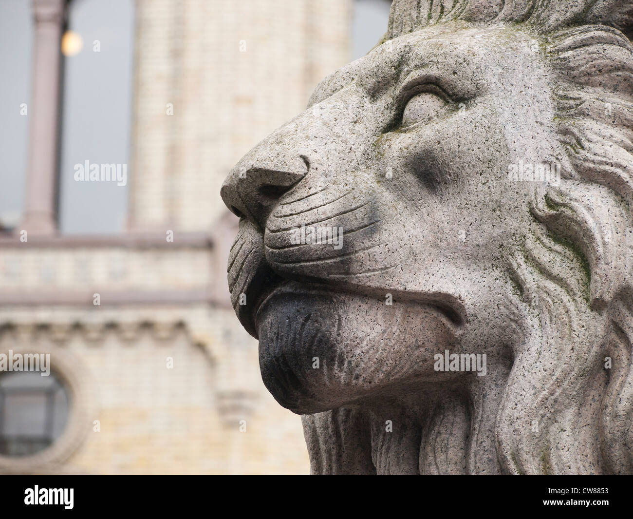 Statue of lion outside the Norwegian parliament, Stortinget, symbol of power, Oslo Norway Stock Photo