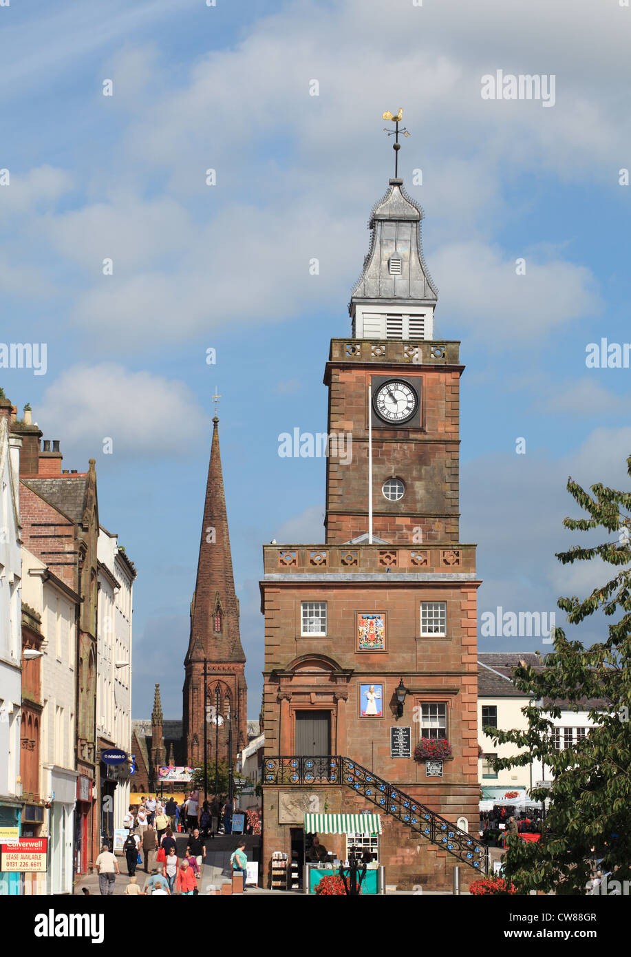 The High Street, Dumfries showing the Midsteeple and Greyfriars church, south east Scotland, UK Stock Photo