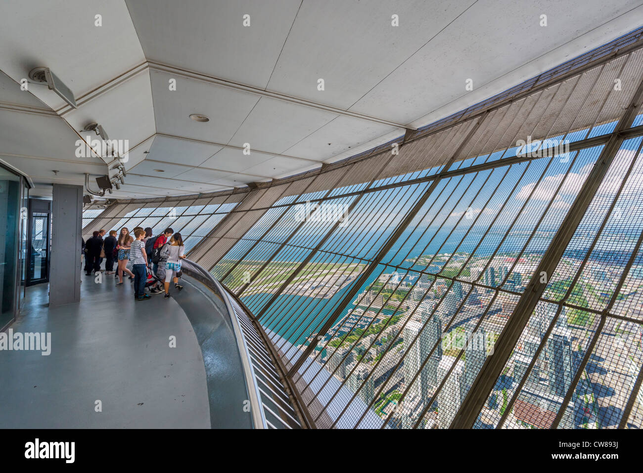 View over Lake Ontario from the Outdoor Sky Terrace at the top of the CN Tower, Toronto, Ontario, Canada Stock Photo