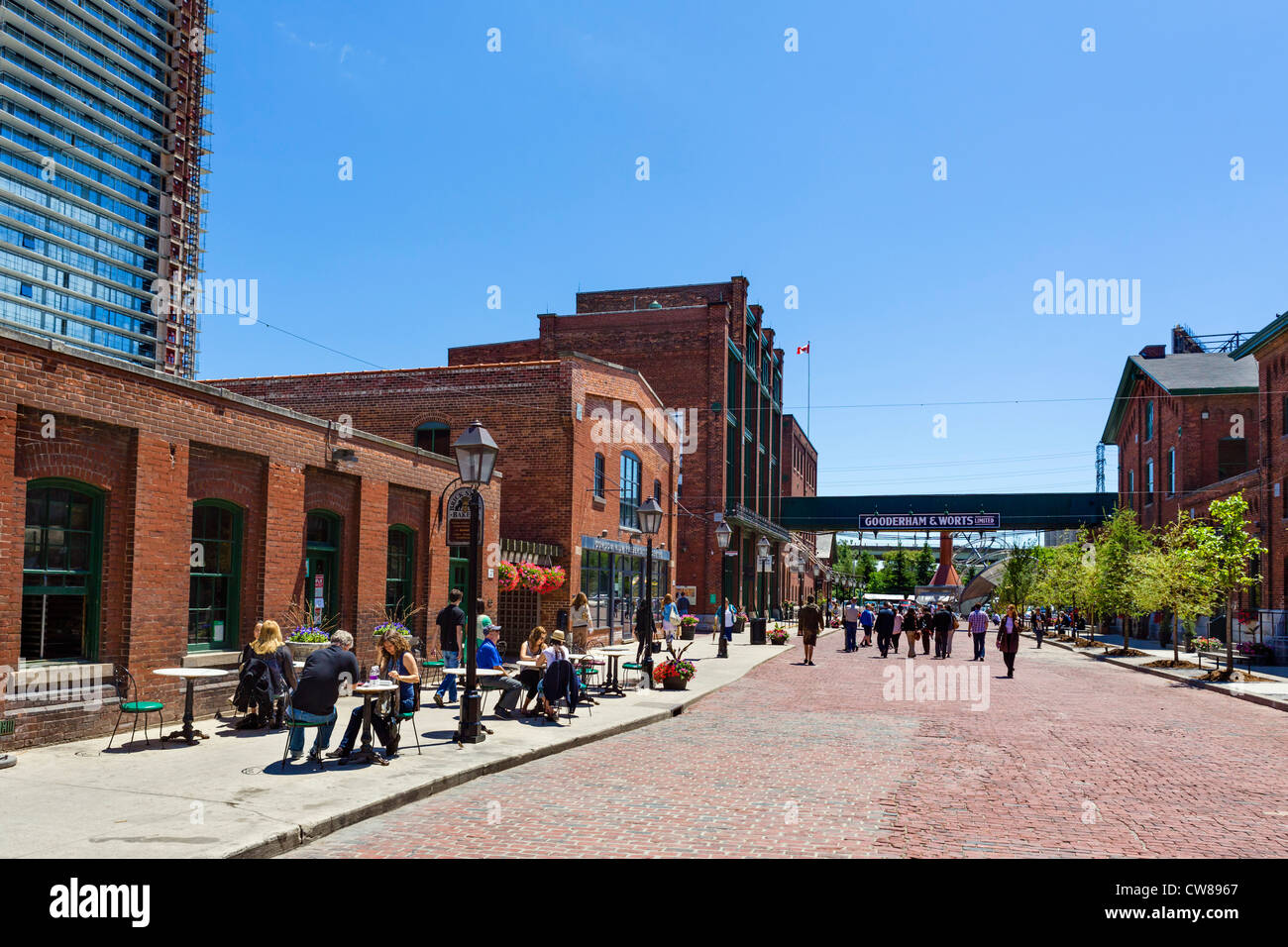 View down Trinity Street with The Brick Street Bakery cafe to the left, Distillery District, Toronto, Ontario, Canada Stock Photo