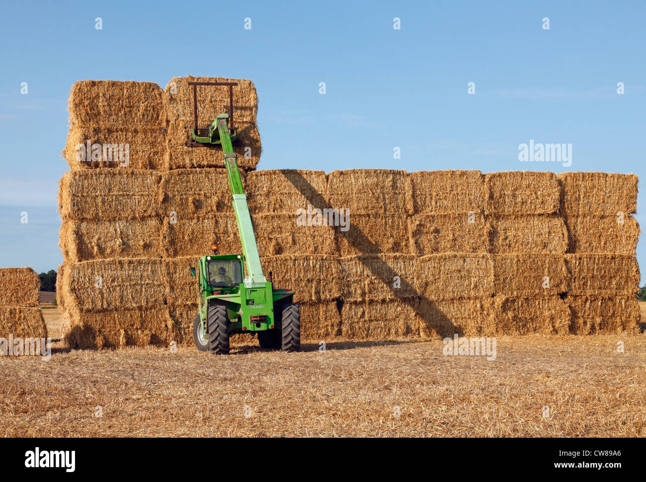Turbofarmer lift stacking big straw bales on a field in Lynge, North
