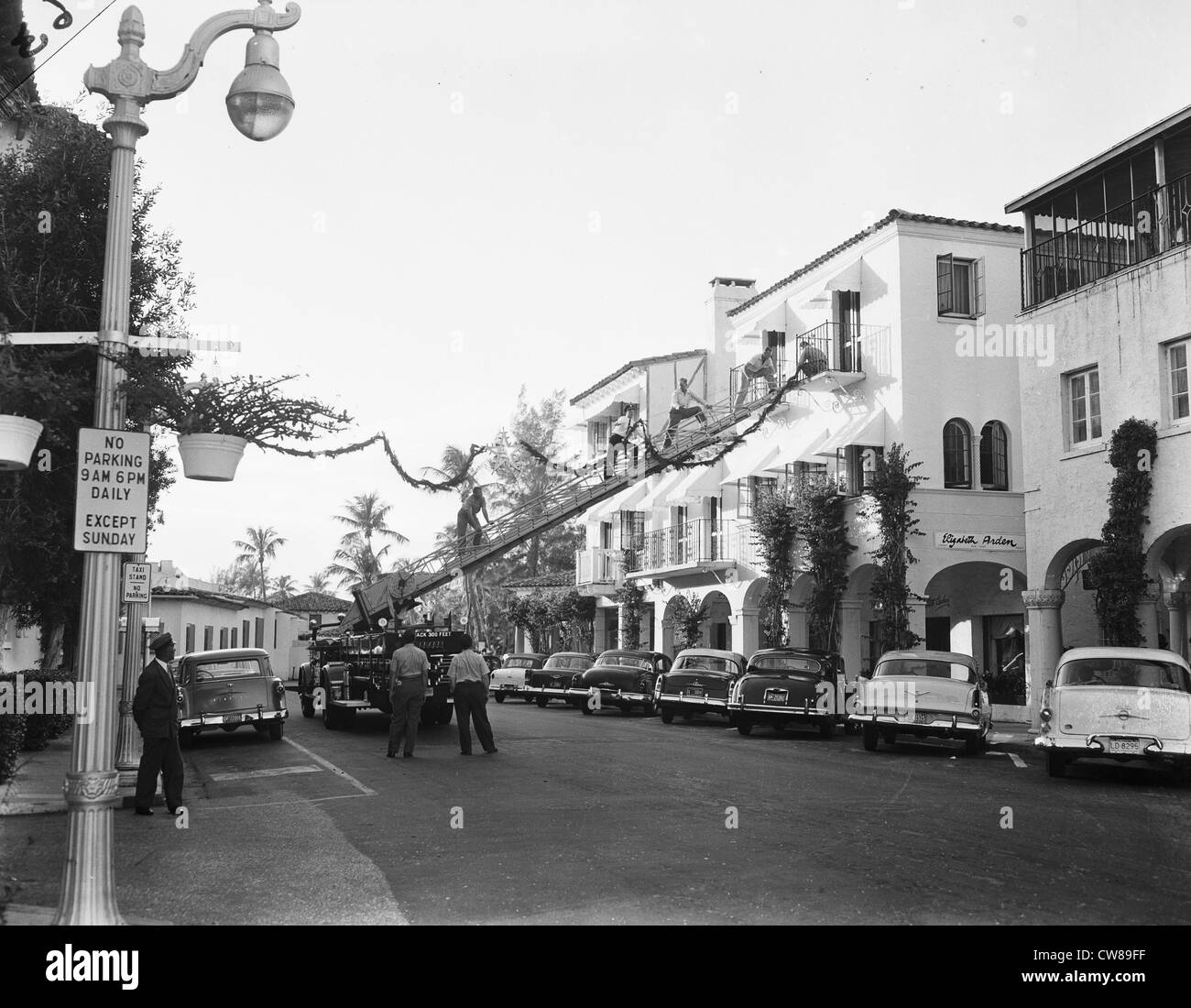Christmas decorations out up on Worth Avenue by the Fire Department, Palm Beach, Florida, ca 1955 Stock Photo