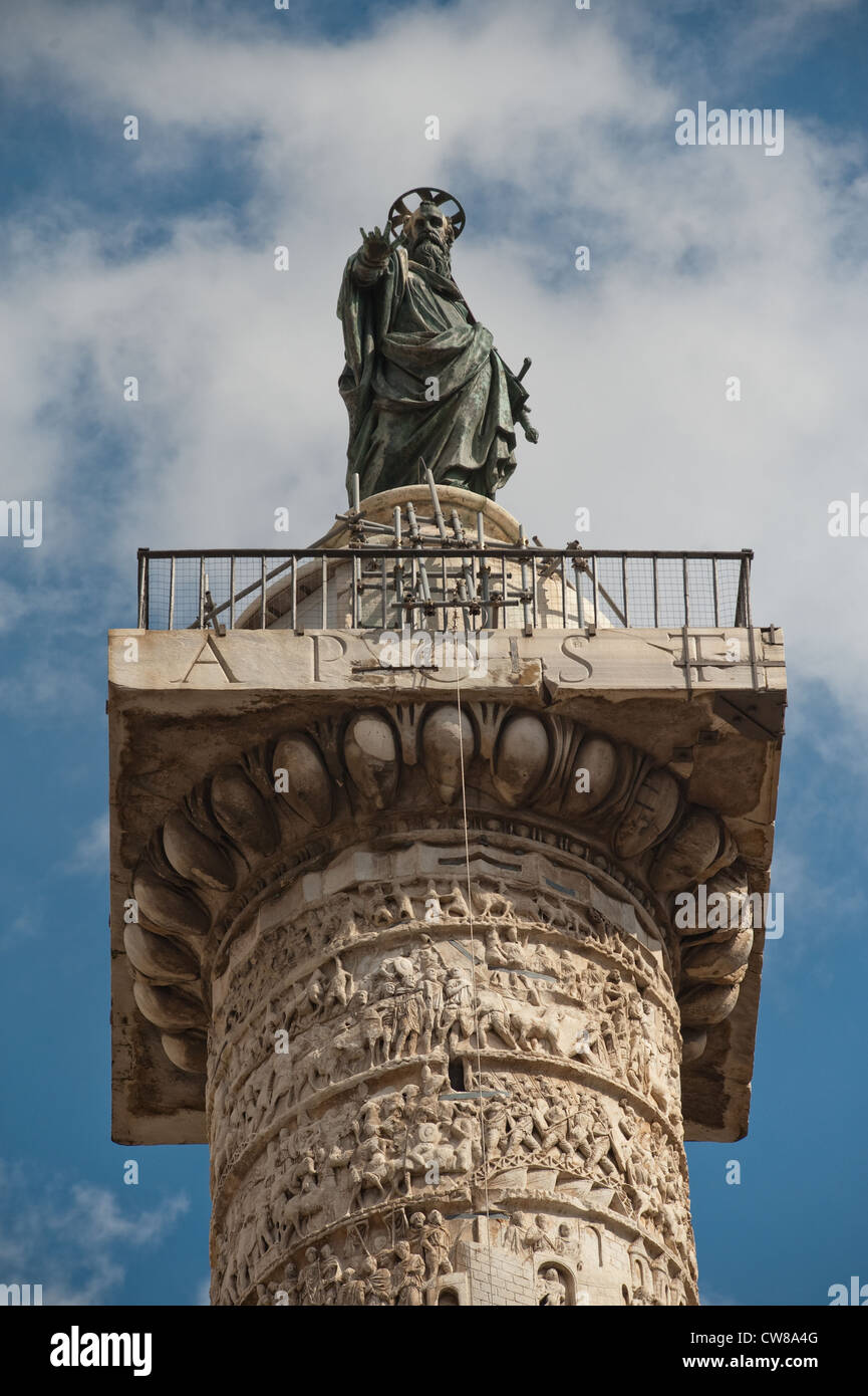 Saint Paul Column Rome A statue of St. Paul stands atop the Column of Marcus Arelius in the ...