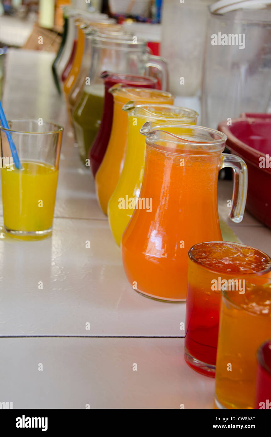 Ecuador, Quito area. Otavalo Market. Mixed fresh fruit juice bar Stock