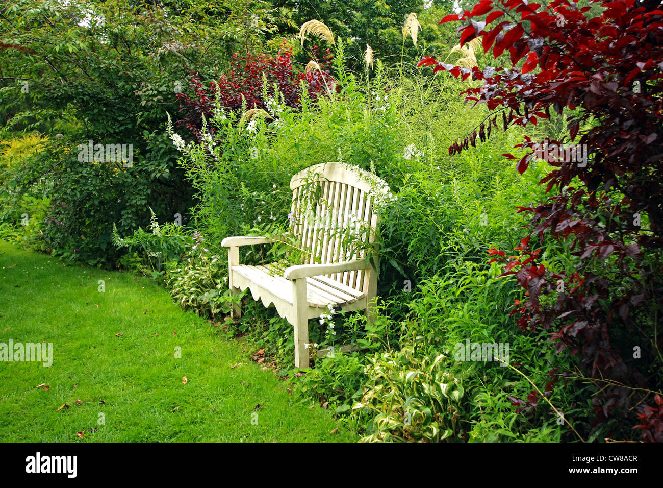 Beautiful vintage wooden bench in the old garden Stock Photo - Alamy