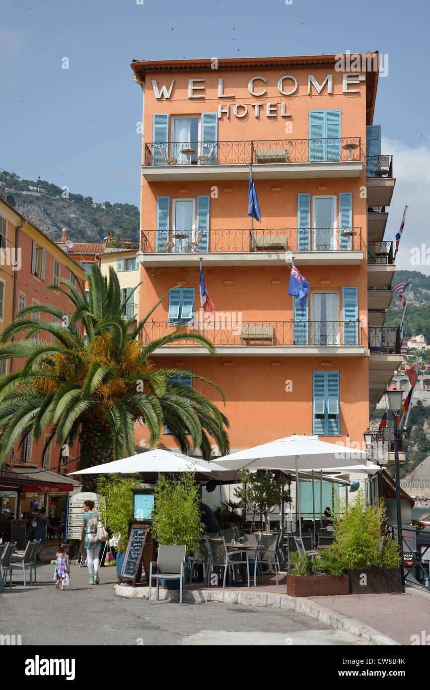 Welcome Hotel, Old Town, Villefranche-sur-Mer, Côte d'Azur, Alpes-Maritimes, Provence-Alpes-Côte d'Azur, France Stock Photo