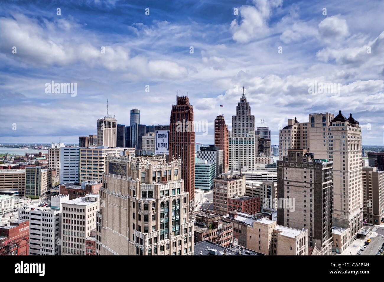 Detroit Michigan USA skyline with a beautiful cloudscape. You are looking towards the Detroit River which is seen on mid left Stock Photo