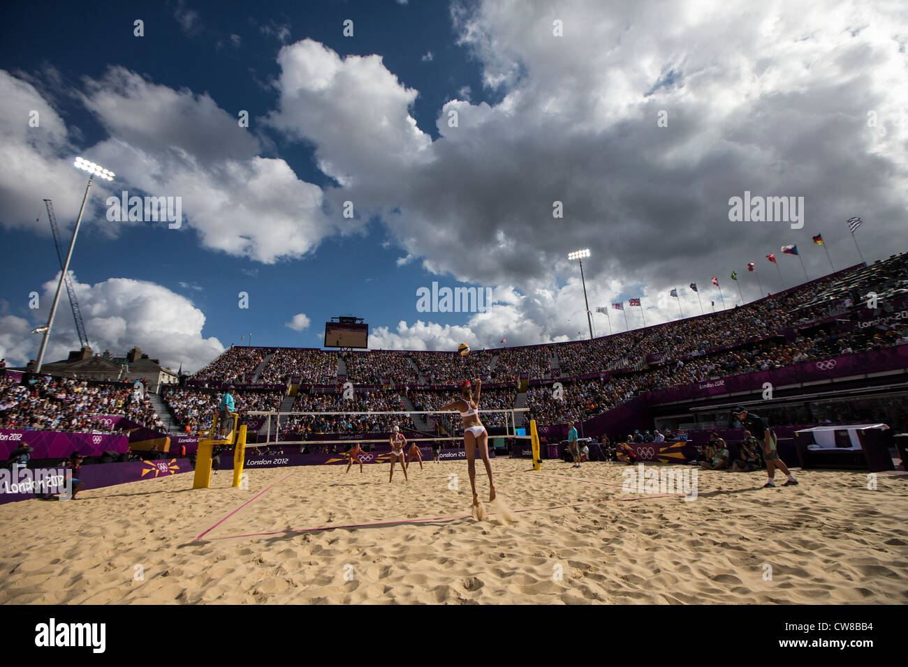 Sophie van Gestel and Madelein Meppelink (NED) competing in Beach Volleyball at the Olympic Summer Games, London 2012 Stock Photo