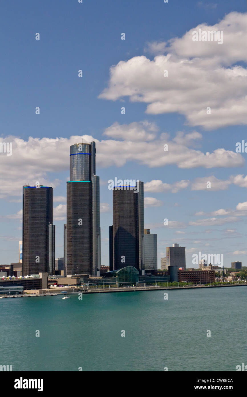 Detroit Michigan USA skyline as seen from Windsor Ontario on a summer day. Stock Photo