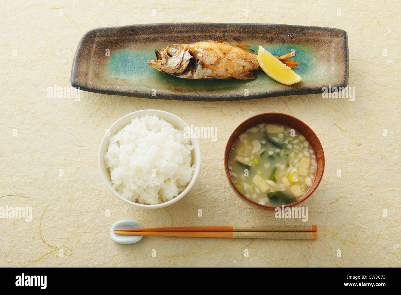 Fish On Tray With Chopstick And Boiled Rice Stock Photo