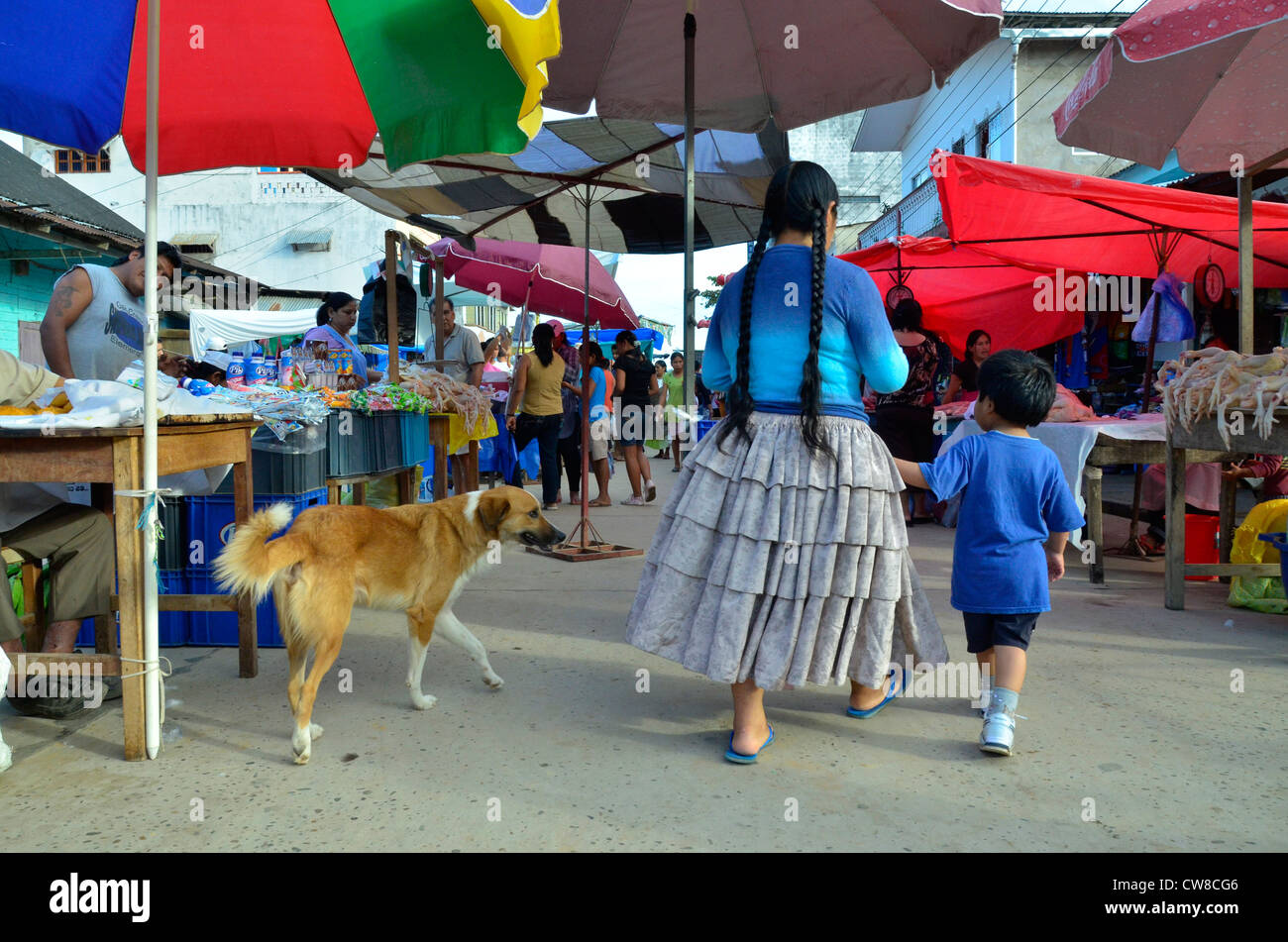 Rurrenabaque, Beni river, Bolivia. Woman wearing traditional dress, small boy, dog Stock Photo