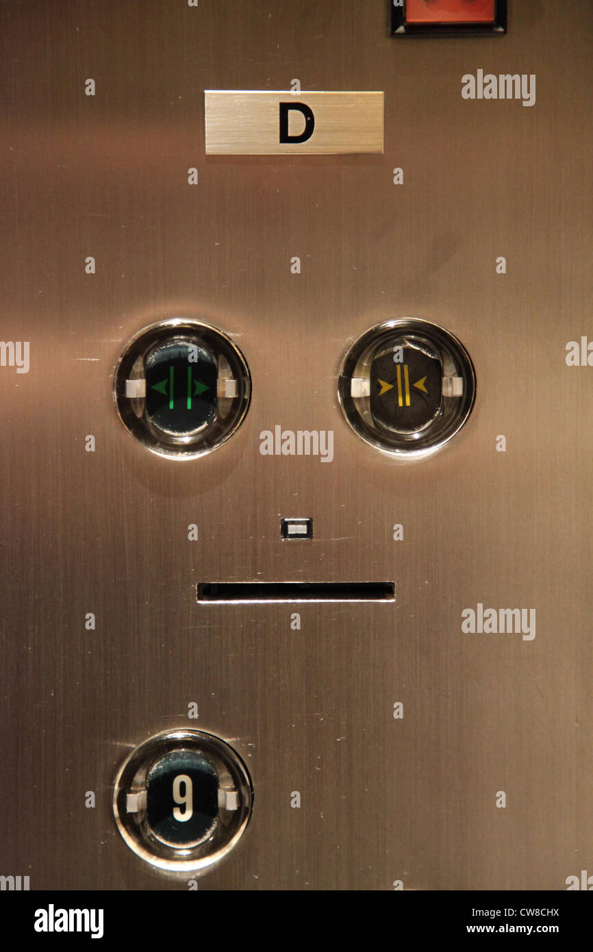 It's a photo of the buttons in a lift than give a shape of a surprised face of people's head. It can go until level nine 9 Stock Photo