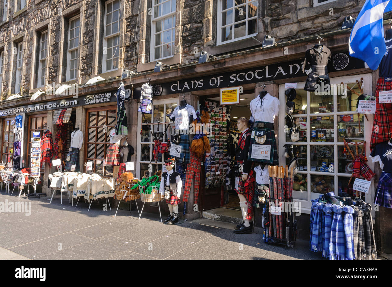 Scottish souvenir shop in Edinburgh, selling tartans, kilts, hats and food. Stock Photo