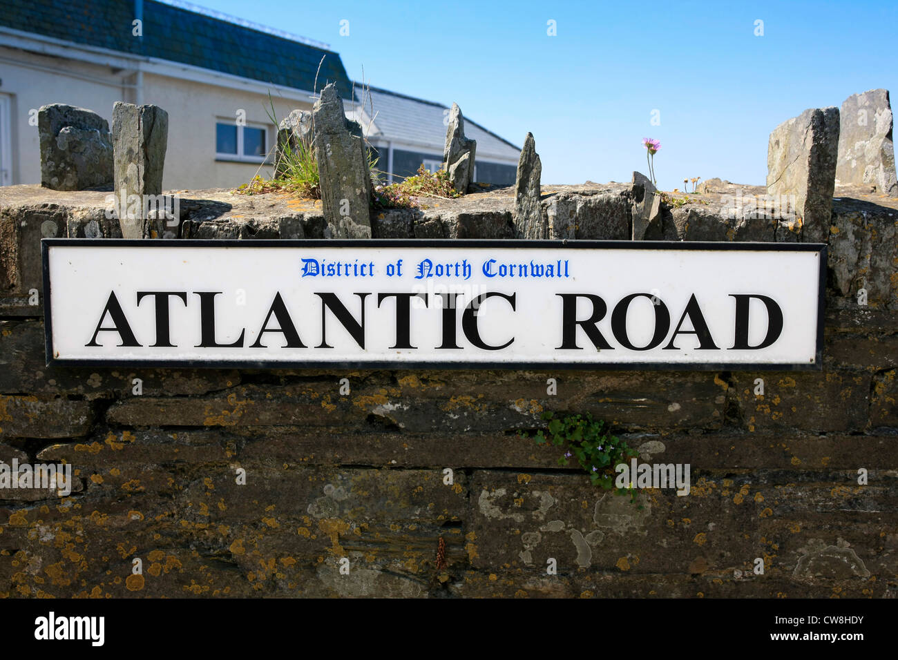 Atlantic Road Sign in the County of Cornwall Stock Photo