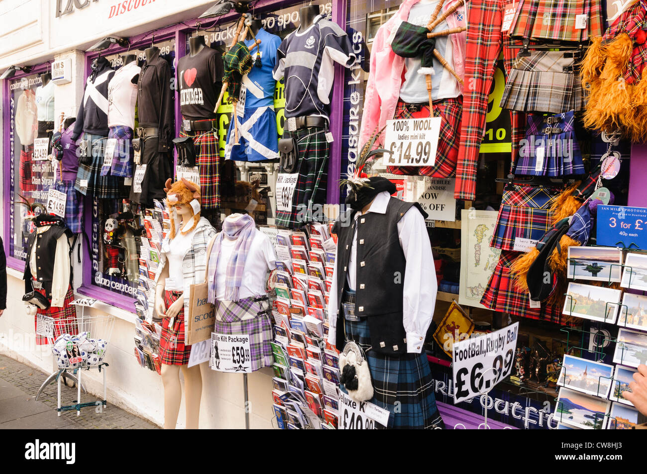 Scottish souvenir shop in Edinburgh, selling tartans, kilts, hats and food. Stock Photo
